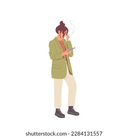 Young woman character smoking while using mobile phone for chatting with friends or working online