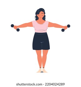 Young Woman Character Standing with Dumbbell Doing Sport at Home Vector Illustration
