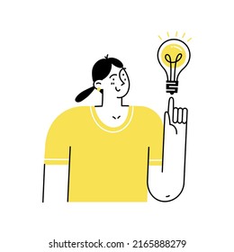 Young woman character standing with light bulb. Girl having business idea. Vector illustration