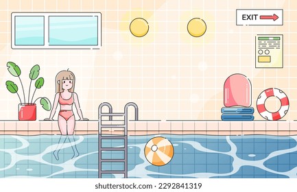 Young Woman Character Swimming in Public Swimming Pool in Summer. Girl in Swimsuit sitting in the pool. Summer training and swimming lessons Concept. Flat Cartoon Cute Vector Illustration.