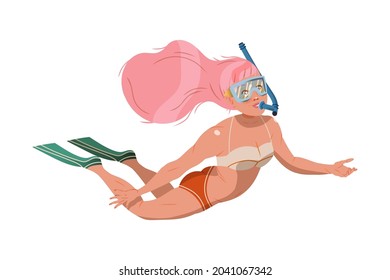 Personaje femenino en traje de baño y gafas buceando bajo el agua Ilustración de vectores submarinos