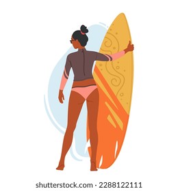 Personaje De Mujer Joven En Traje De Baño Con Surfboard En Manos En La Playa, Vista Trasera. La Imagen Es Perfecta Para Promover El Surf, Los Viajes O El Contenido Relacionado Con La Playa. Ilustración de vectores de personas de caricatura