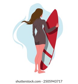 Young Woman Character In Swimsuit With Surfboard In Hands Standing On Beach, Rear View. The Image Is Perfect For Promoting Surfing, Travel, Or Beach-related Content. Cartoon People Vector Illustration