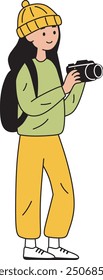 Young Woman Character taking pictures and vlogging with her camera for documentation during traveling activities. Cartoon Vector Illustration