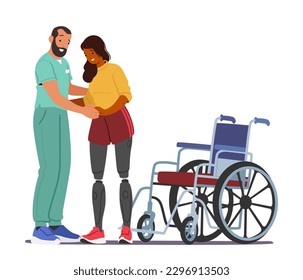 Young Woman Character Undergo Rehabilitation After Receiving Prosthetic Legs, Learning To Walk And Use Them In Daily Activities, Improving Quality Of Life And Independence. Cartoon Vector Illustration