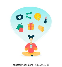 Young woman character using smartphone for online shopping. Girl buys gifts, tickets, food delivery, gadgets, cosmetics. Online shopping concept. Modern trendy style flat vector design illustration 