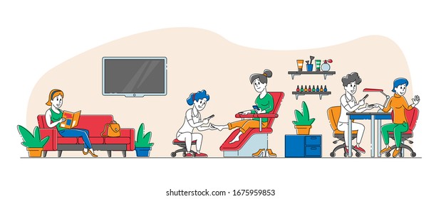 Young Woman Character Visiting Beauty Salon. Masters Doing Manicure and Pedicure for Girl in Barbershop Grooming Place. Fashion Club for Spa and Body Care Concept. Linear People Vector Illustration