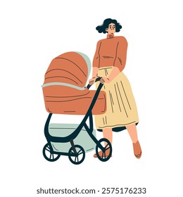 Young Woman Character Walk with Baby Carriage in the Park Vector Illustration