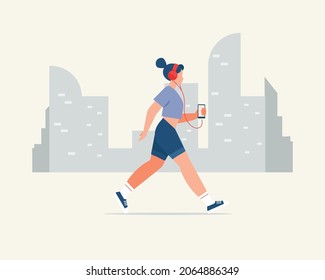 Young woman character walking outside with headphone, listening to music on city background.Vector illustration cartoon flat style