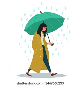 Young woman character walking with umbrella under a rain. Vector illustration on white background in cartoon style