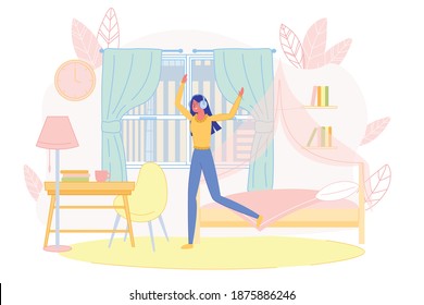 Young Woman Character Wearing Big Headphones Dancing in Room. Girl Listening to Music Enjoying Song. Relax and Rest. Recreation and Leisure. Happy Life at Home. Hobby and Interest. Vector Illustration