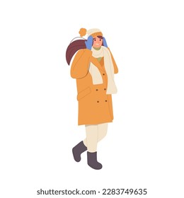 Young woman character wearing coat, hat, mittens and scarf shivering feeling cold and discomfort