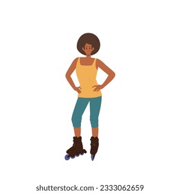 Young woman character wearing fashion trendy outfit and rollerblades standing isolated on white