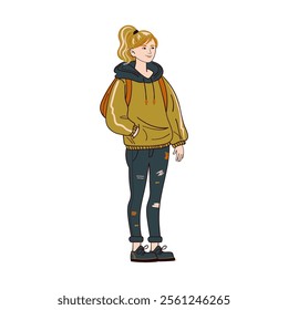 Young woman character wearing trendy modern outfit including jeans, hoodie, sneakers and backpack. Street fashion flat illustration isolated on white background.