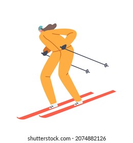 Young Woman Character Winter Sports. Girl Wear Warm Sportive Costume and Goggles Going Downhill by Skis Isolated on White Background. Outdoors Leisure, Active Spare Time. Cartoon Vector Illustration