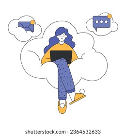 Young Woman Character Working at Laptop Sitting on Cloud in the Sky Vector Illustration