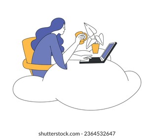 Young Woman Character Working at Laptop Sitting on Cloud in the Sky Vector Illustration