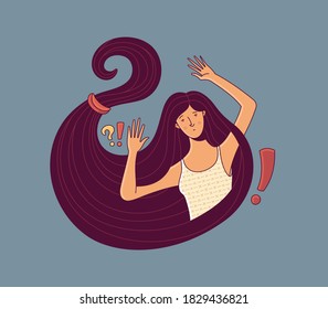 Young woman character wrapped with own long hair with question and exclamation marks on light grey background as illustration of psychotherapy concept