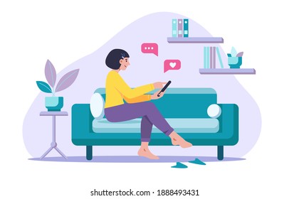 Young woman character writing love message in social media or virtual dating and sitting on sofa at home, messaging with friend. Online dating concept. Design for banner, card, landing page