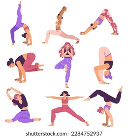 Young Woman Character Yoga Practicing Standing in Asana Vector Set