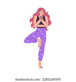 Young Woman Character Yoga Practicing Standing in Asana or Tree Pose Vector Illustration