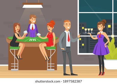 Young Woman Characters at Casino Table Playing Card Game Vector Illustration