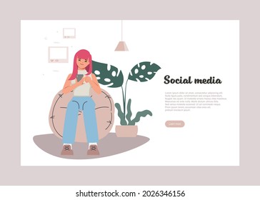 Young woman characters using mobile phones. Social media concept website landing page. 
