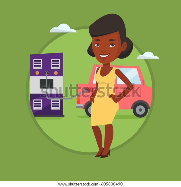 Young woman charging electric car at charging\
station. Woman standing near power supply for electric car.\
Charging of electric car. Vector flat design illustration in the\
circle isolated on\
background