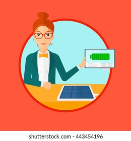 Young woman charging tablet computer with solar panel. Charging tablet from portable solar panel. Tablet with a battery charging. Vector flat design illustration in the circle isolated on background.