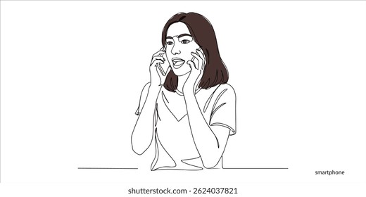 Jovem mulher conversando com seu smartphone contínuo esboço de desenho de arte de linha única no fundo branco