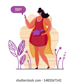 Young woman chatting on social media network with friends. Using smartphone for surfing on web,girl addicted to internet and digital gadgets.Vector illustration with flat cartoon character.