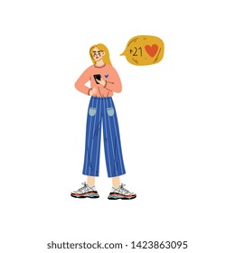 Young Woman Chatting Online on Her Smartphone, Girl with Chat Communication Bubble, Internet Social Network Virtual Communication Vector Illustration