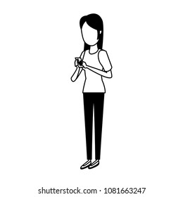 Young woman chatting with smartphone on black and white colors