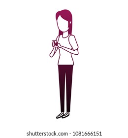 Young woman chatting with smartphone on purple lines