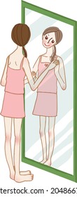 Young woman checking body shape with whole body mirror.