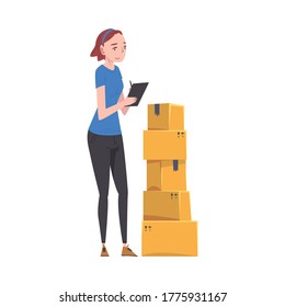 Young Woman Checking Cardboard Boxes Preparing Goods For Dispatch, Girl Working with Parcels in Warehouse Cartoon Vector Illustration