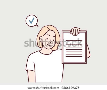 Young woman checking contract before signing.Hand drawn style vector design illustrations.
