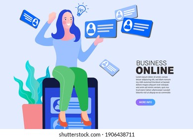 Young woman checking email. Business communication, internet and technology concept. New message icons on mobile phone screen. Modern smartphone with users communicating and speech bubbles. vector.