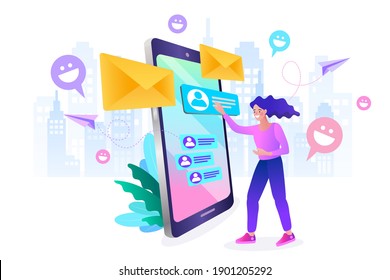 Young woman checking email on the computer. reading email on screen desktop. Business communication, internet and technology concept. New message icons on mobile phone screen. vector illustration.