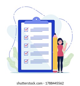 Young woman checking giant check list. Flat vector illustration