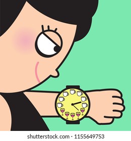 Young Woman Checking Her Coffee And Wine Time On Her Wrist Watch Concept Card Character illustration