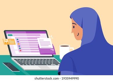Young Woman Checking Out New Email in Laptop Screen Display Work Flat Vector Illustration. Can be Used for Digital and Printable Infographic. 
