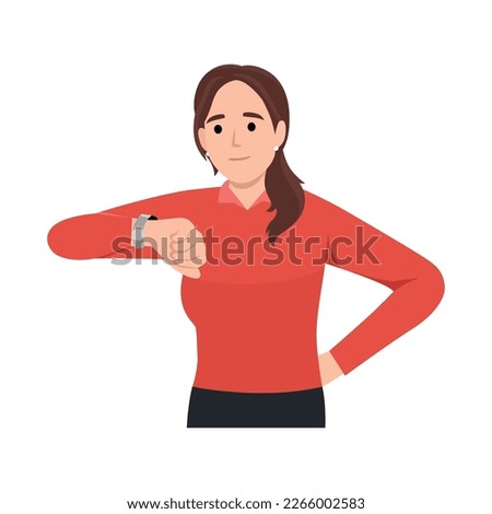 Young woman checking the time by looking at her wrist watch. Time management concept. Flat vector illustration isolated on white background