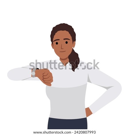 Young woman checking the time by looking at her wrist watch. Time management concept. Flat vector illustration isolated on white background