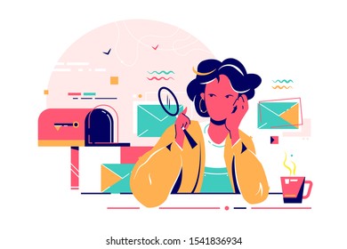 Young woman checks mail with magnifier. Isolated concept bored attractive businesswoman character carefully examines email. Vector illustration.