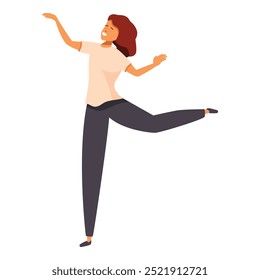 Young woman is cheerfully dancing, her arms outstretched, her face full of joy and excitement