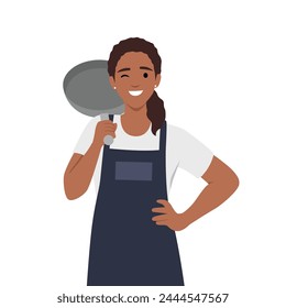 Young woman in chef apron holding frying pan. Flat vector illustration isolated on white background