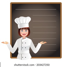 Young woman chef with a blank blackboard to list today's menu or chef's special menu. EPS 10 vector file with NO transparencies. The layers are editable and named. Similar vectors in my portfolio.