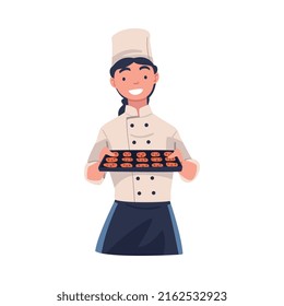 Young Woman Chef or Cook in Toque Holding Tray with Baked Cookie Vector Illustration