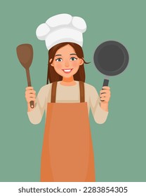 Young woman in chef hat with apron holding frying pan and ladle